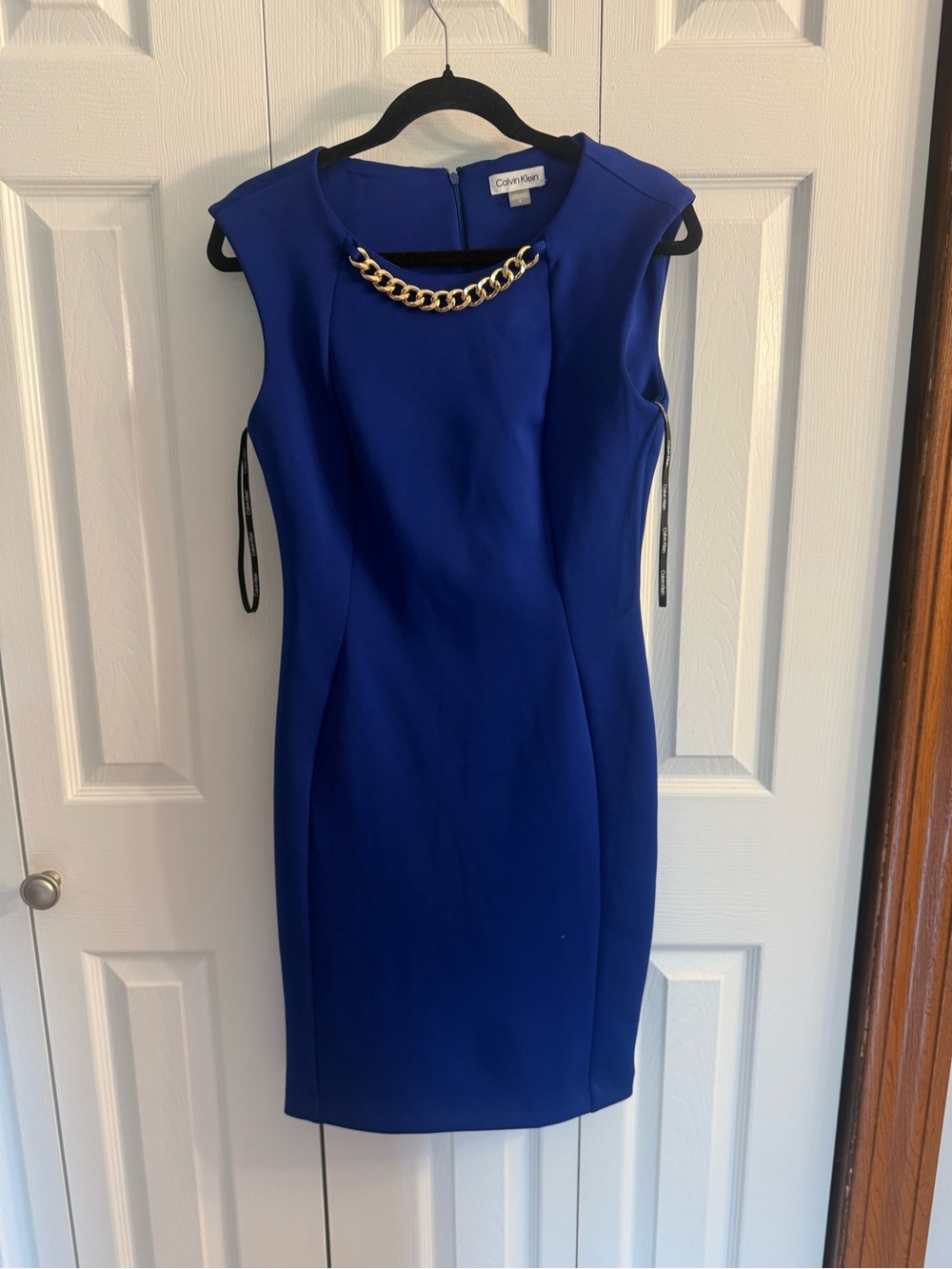 Calvin Klein Cobalt Blue Sheath Dress with Gold Chain Trim